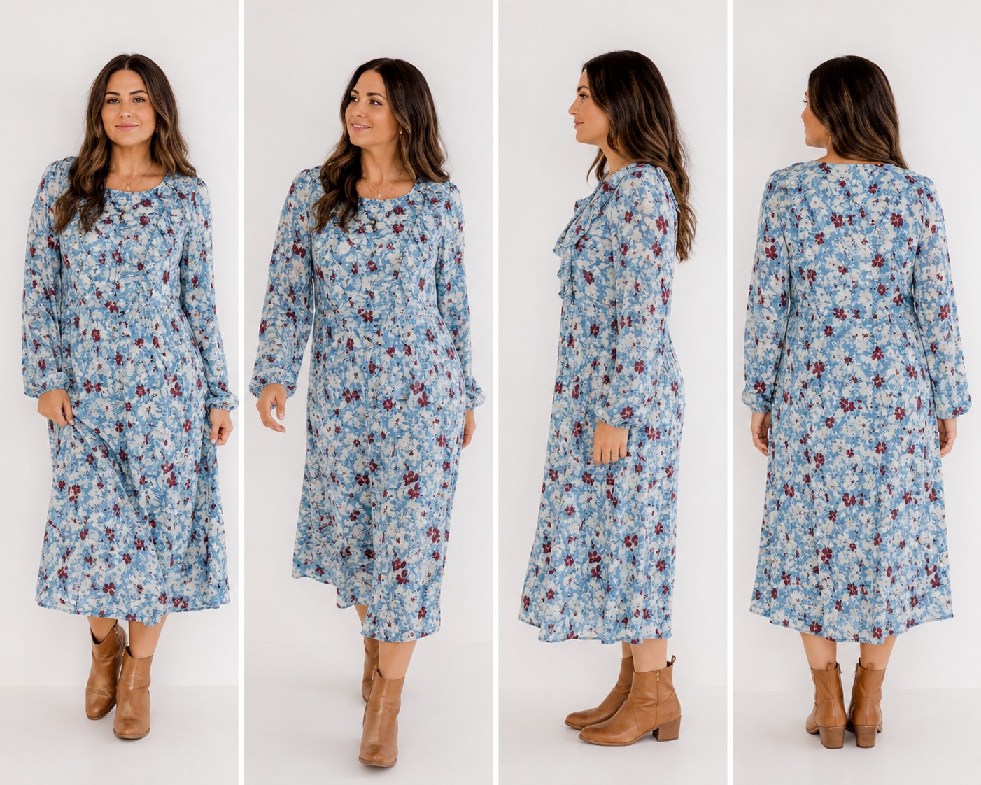 Zara Floral Ruffle Midi Dress Womenâs Medium Blue Cottagecore Long Sleeve Boho